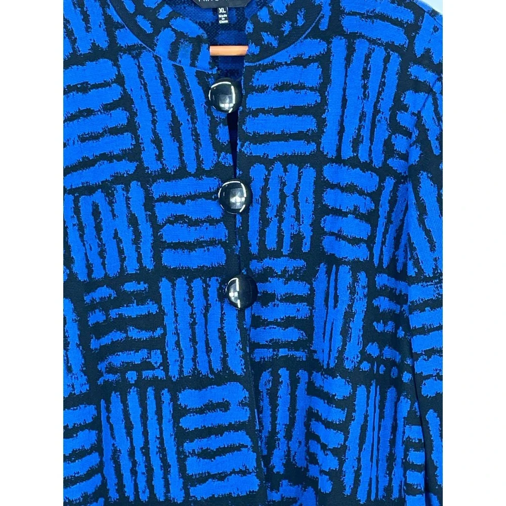 Ming Wang Womens XL Jacket Blue Black Knit Geometric Mock Neck Button Up